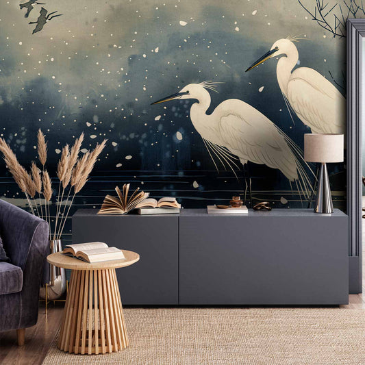 Fotobehang Herons over a winter pond - Japanese-style illustration in dark colours