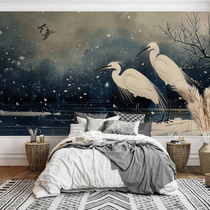 Fotobehang Herons over a winter pond - Japanese-style illustration in dark colours