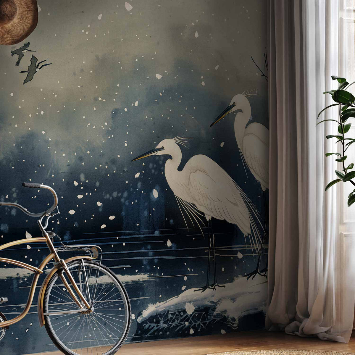 Fotobehang Herons over a winter pond - Japanese-style illustration in dark colours