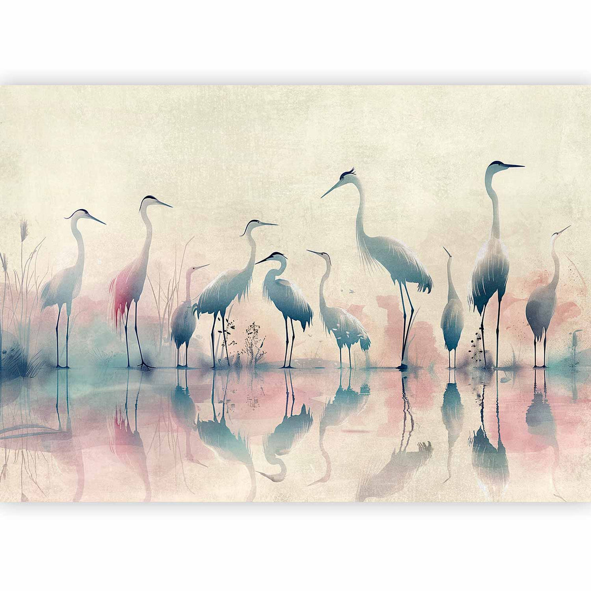 Fotobehang Birds by the lake - herons painted in watercolour in delicate grey and pink colours