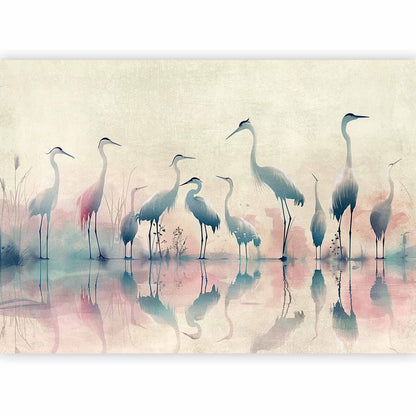 Fotobehang Birds by the lake - herons painted in watercolour in delicate grey and pink colours