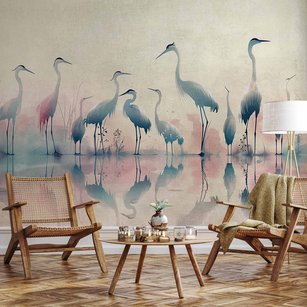 Fotobehang Birds by the lake - herons painted in watercolour in delicate grey and pink colours