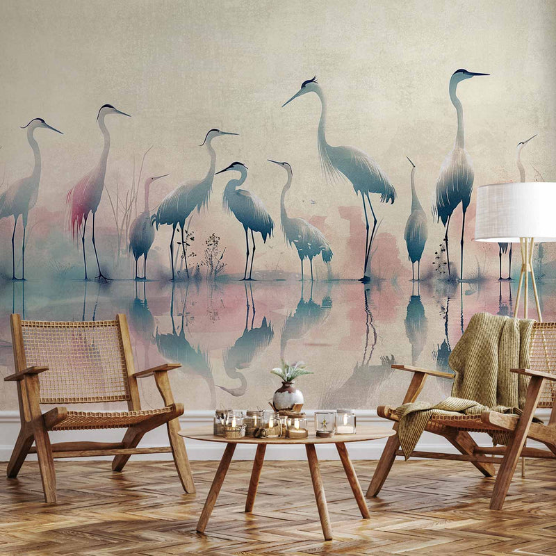 Fotobehang Birds by the lake - herons painted in watercolour in delicate grey and pink colours