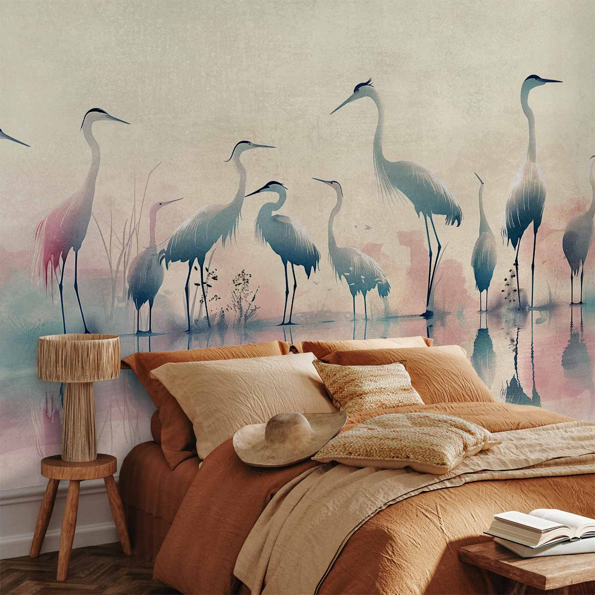Fotobehang Birds by the lake - herons painted in watercolour in delicate grey and pink colours