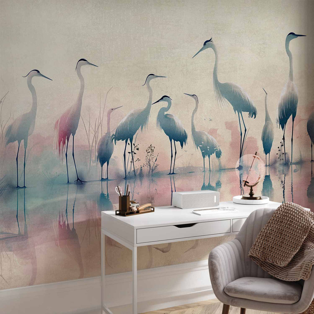 Fotobehang Birds by the lake - herons painted in watercolour in delicate grey and pink colours