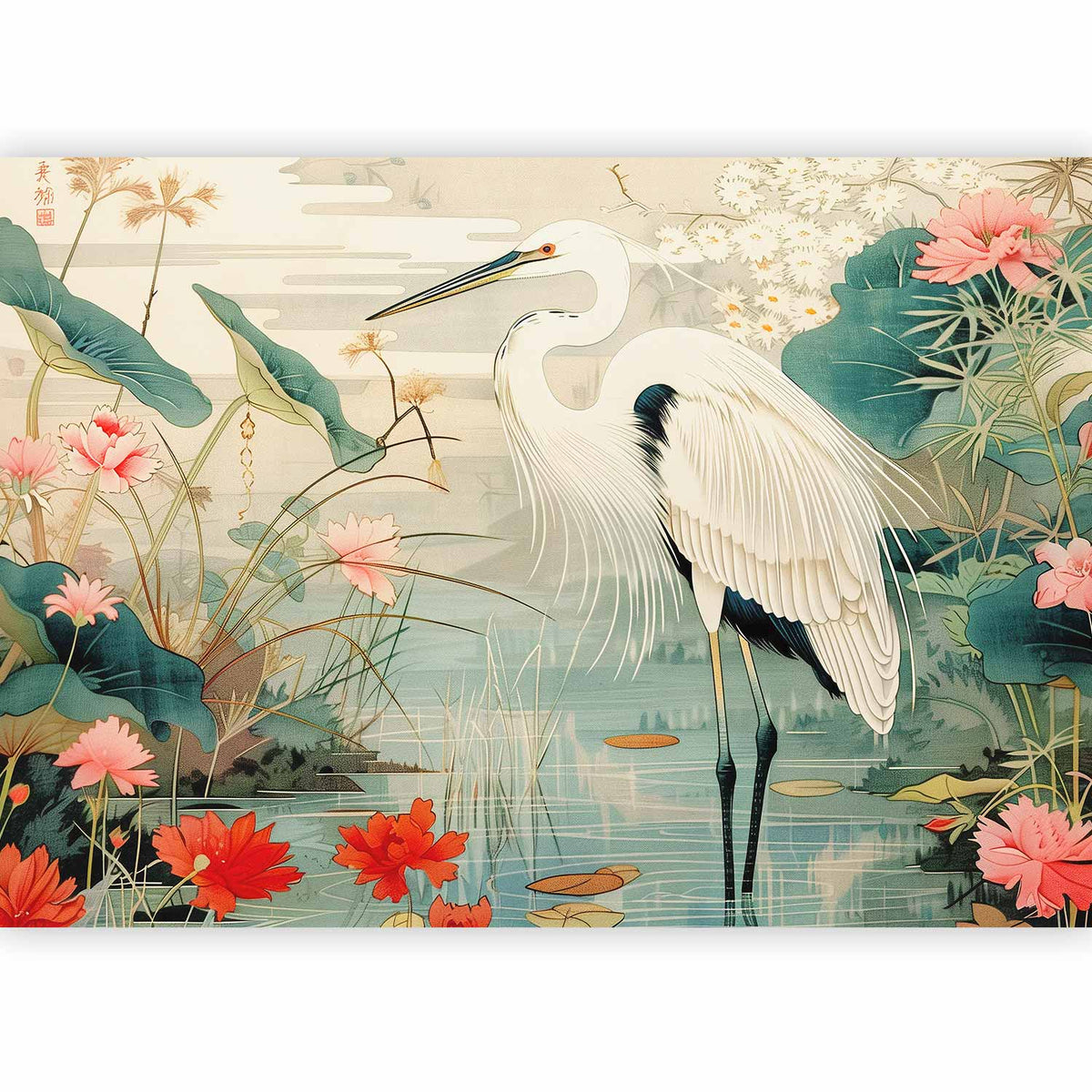 Fotobehang By an Asian pond - an illustration in the style of a Japanese engraving, depicting a heron