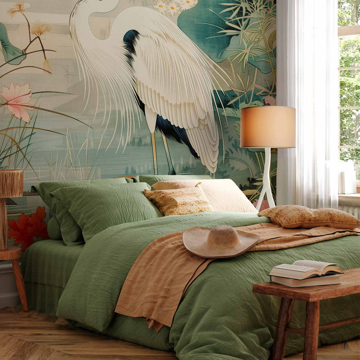 Fotobehang By an Asian pond - an illustration in the style of a Japanese engraving, depicting a heron