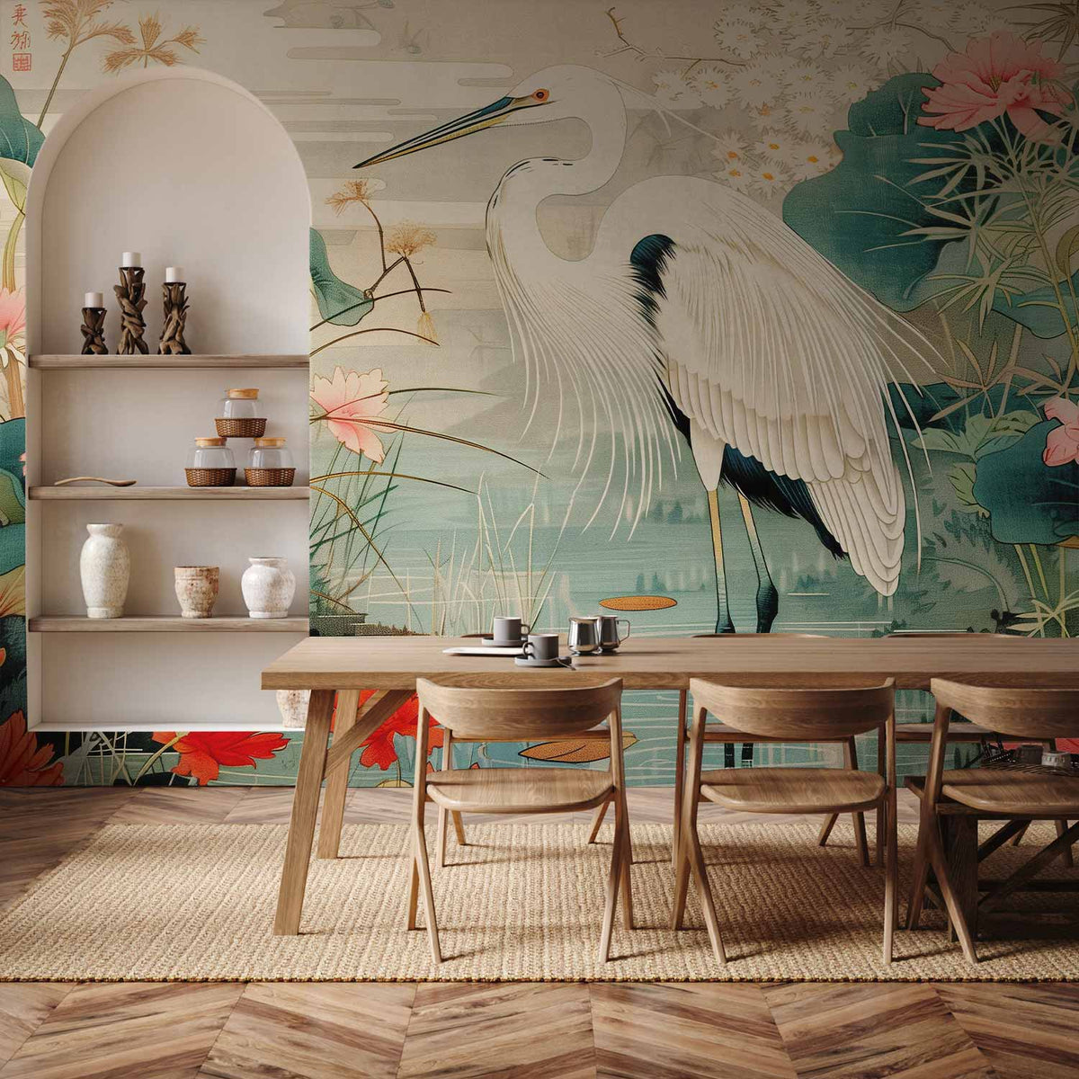Fotobehang By an Asian pond - an illustration in the style of a Japanese engraving, depicting a heron