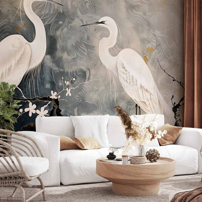 Fotobehang Herons and cherry blossoms - oriental-style illustration depicting birds