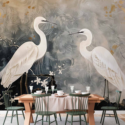 Fotobehang Herons and cherry blossoms - oriental-style illustration depicting birds