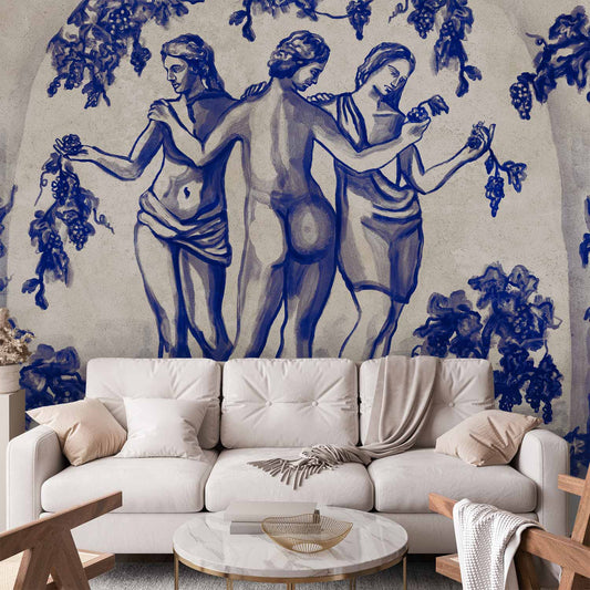 Fotobehang Ancient vineyard - three women in a portal painted with blue ink
