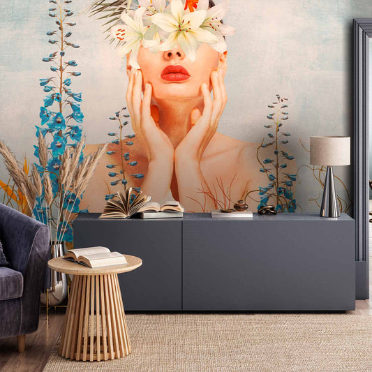 Fotobehang Nature in thought - female figure among flowers on a patterned background