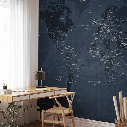 Fotobehang World map in blue - continents with inscriptions in English