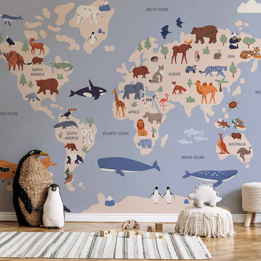 Fotobehang World Map With Animal Illustrations