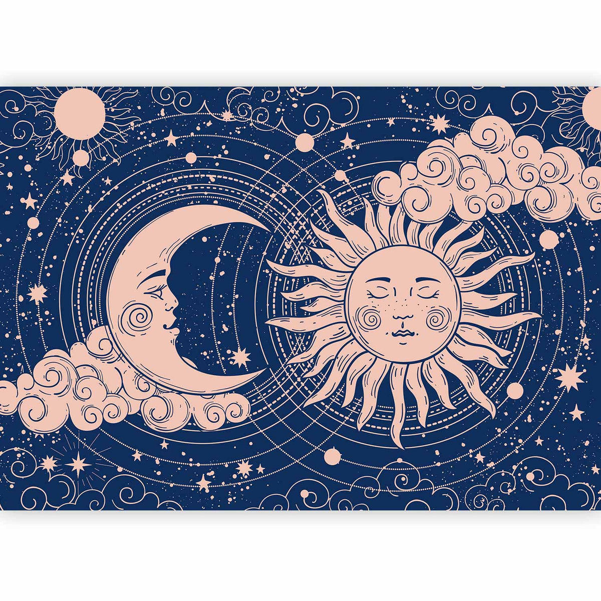 Fotobehang Cosmic Harmony - Illustration of the Sun and Moon on a Navy Background