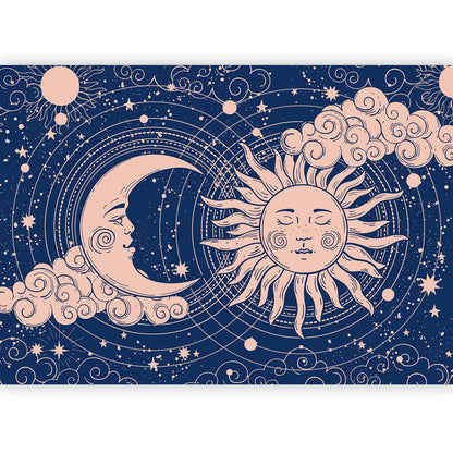 Fotobehang Cosmic Harmony - Illustration of the Sun and Moon on a Navy Background