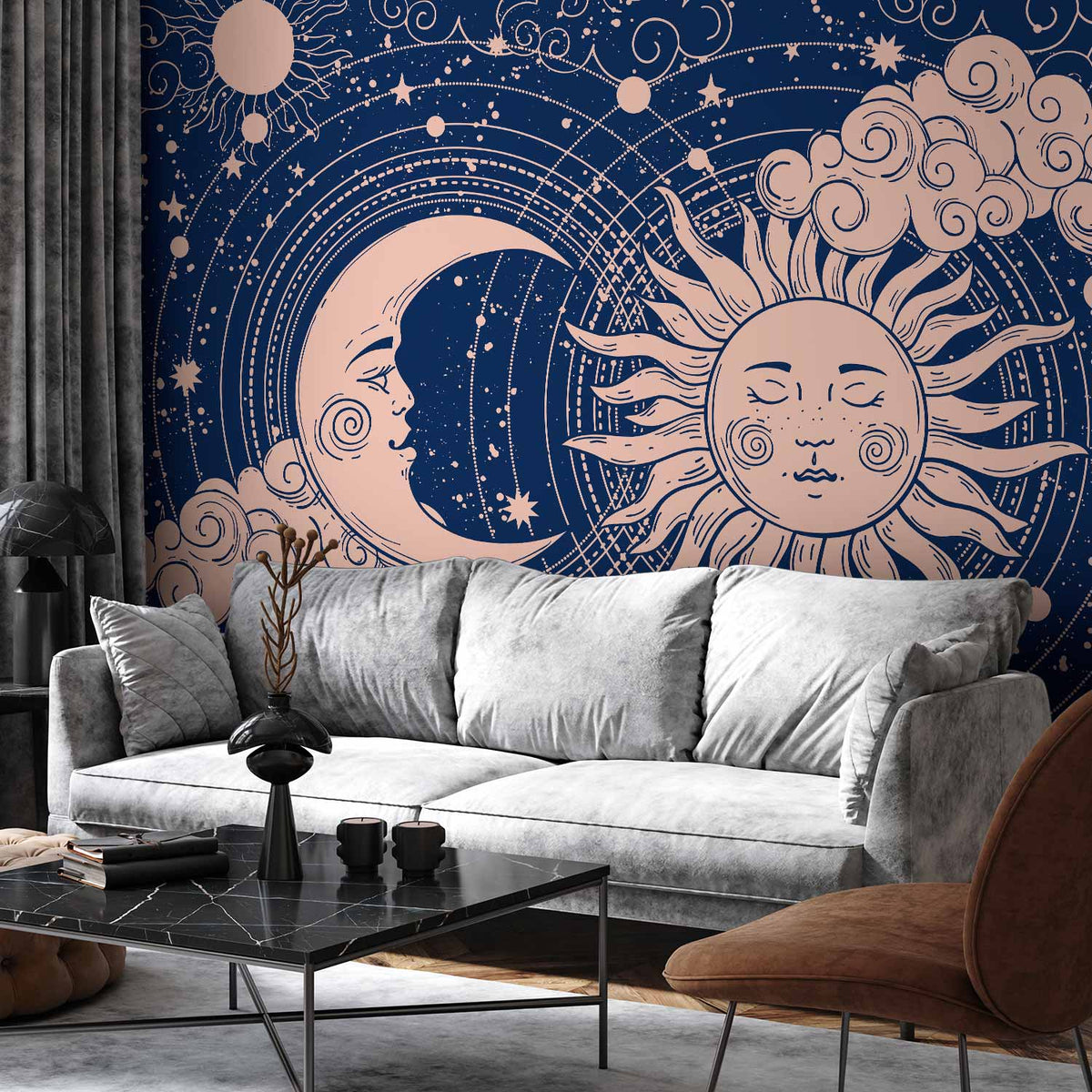 Fotobehang Cosmic Harmony - Illustration of the Sun and Moon on a Navy Background