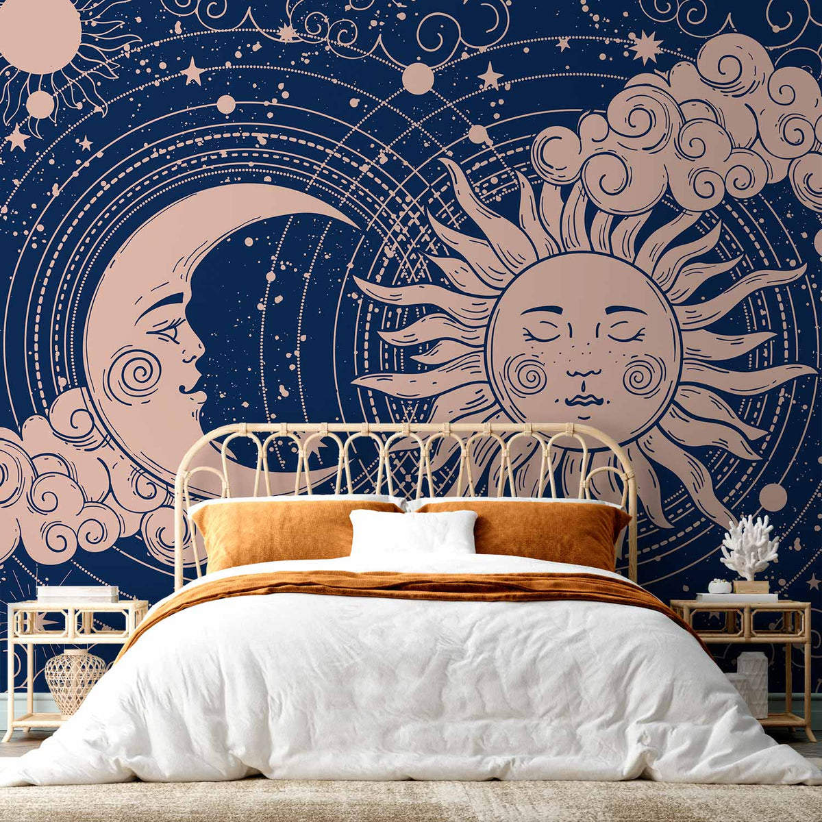 Fotobehang Cosmic Harmony - Illustration of the Sun and Moon on a Navy Background