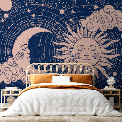 Fotobehang Cosmic Harmony - Illustration of the Sun and Moon on a Navy Background