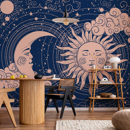 Fotobehang Cosmic Harmony - Illustration of the Sun and Moon on a Navy Background