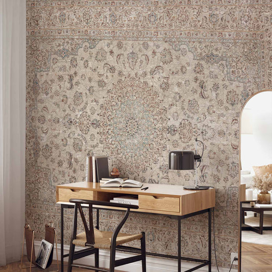 Fotobehang Sand carpet - worn Persian carpet with rich decorative motifs