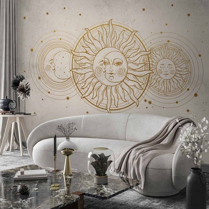 Fotobehang Golden Sun and Moon - Artistic Illustration in Retro Style
