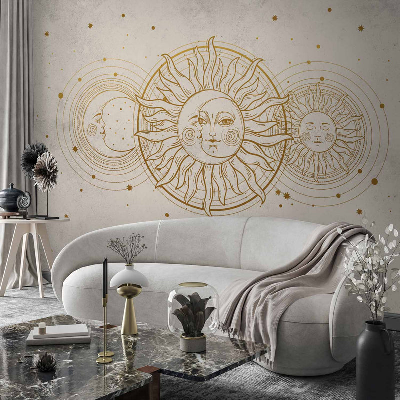 Fotobehang Golden Sun and Moon - Artistic Illustration in Retro Style