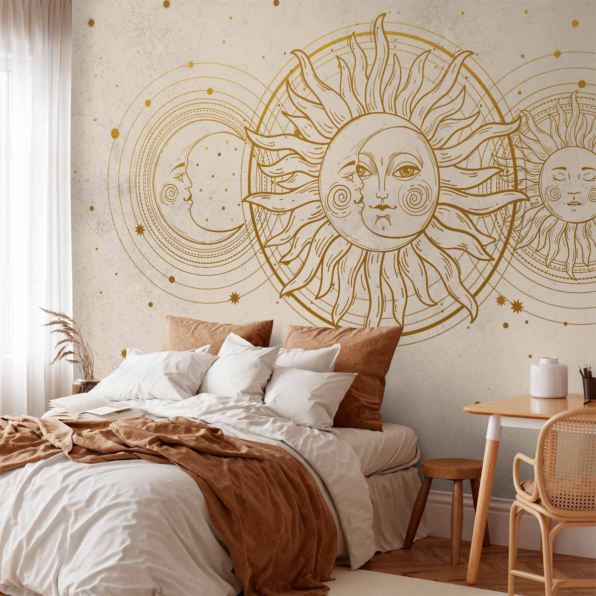 Fotobehang Golden Sun and Moon - Artistic Illustration in Retro Style