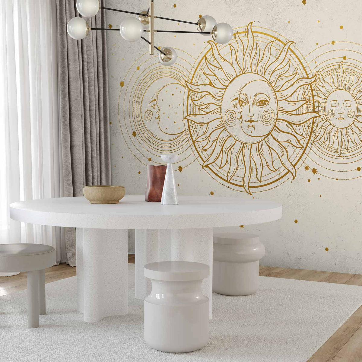 Fotobehang Golden Sun and Moon - Artistic Illustration in Retro Style