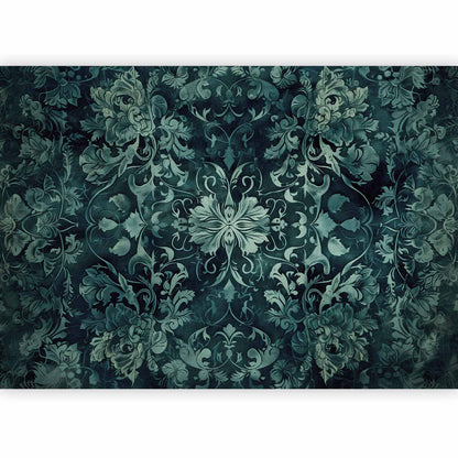 Fotobehang Oriental Pattern Carpet: Emerald Ornaments and Worn Patterns