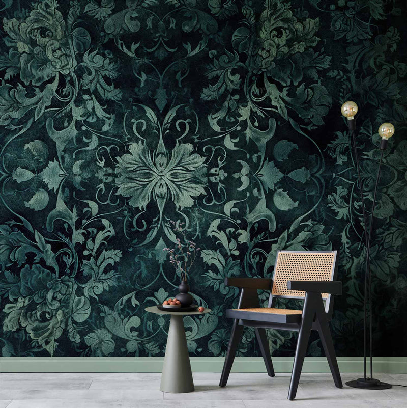Fotobehang Oriental Pattern Carpet: Emerald Ornaments and Worn Patterns