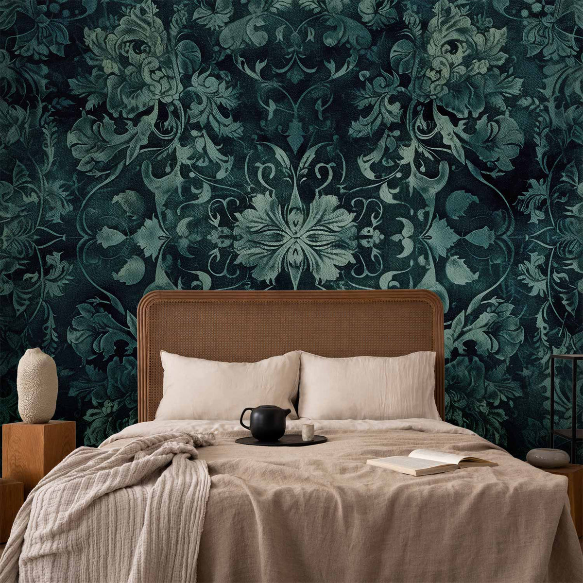 Fotobehang Oriental Pattern Carpet: Emerald Ornaments and Worn Patterns