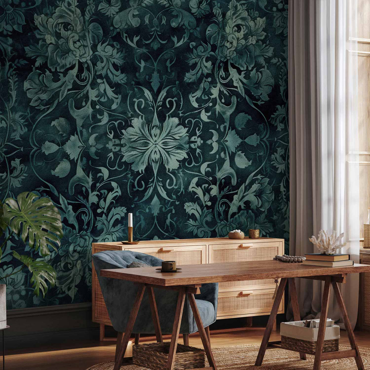 Fotobehang Oriental Pattern Carpet: Emerald Ornaments and Worn Patterns
